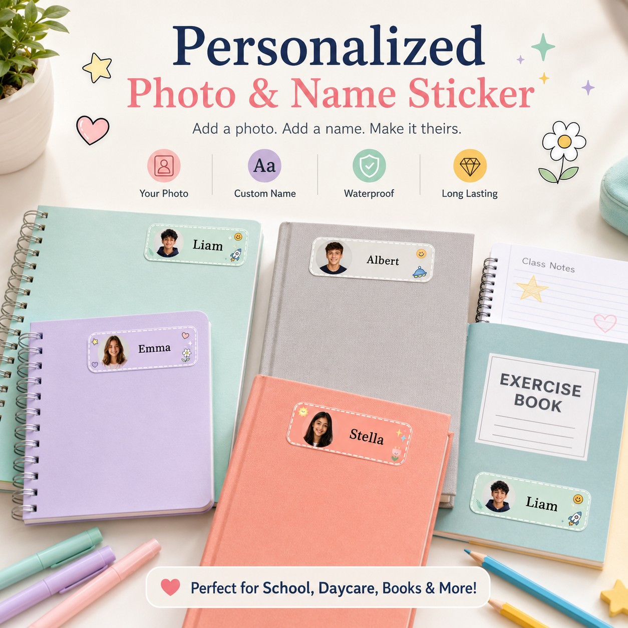 Custom Photo Book - Op maat gemaakte foto-naamstickers, gepersonaliseerde studentenetiketten,